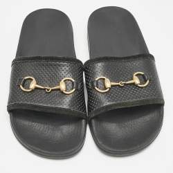 Gucci Black Leather and Suede Horsebit Flat Slides Size 39