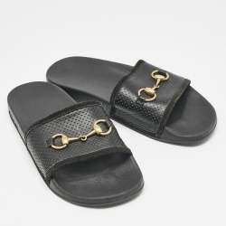 Gucci Black Leather and Suede Horsebit Flat Slides Size 39