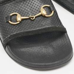 Gucci Black Leather and Suede Horsebit Flat Slides Size 39