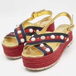 Gucci Multicolor Leather And Canvas Web Studded Platform Sandals Size 39