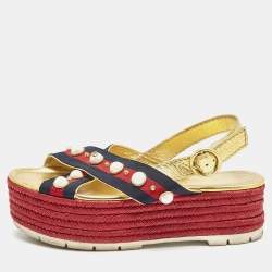 Gucci Multicolor Leather And Canvas Web Studded Platform Sandals Size 39
