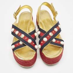Gucci Multicolor Leather And Canvas Web Studded Platform Sandals Size 39