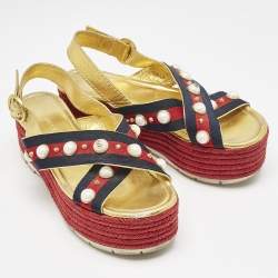 Gucci Multicolor Leather And Canvas Web Studded Platform Sandals Size 39