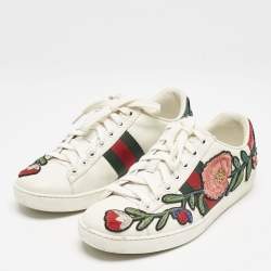 Gucci White Leather Floral Embroidered Ace Low Top Sneakers Size 35
