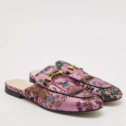 Gucci Black/Pink Lace and Leather Princetown Mules Sandals Size 38.5