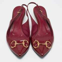 Gucci Burgundy Patent Leather Horsebit Slingback Pumps Size 40.5