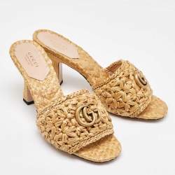 Pre Owned Gucci Beige Woven Raffia Double G Slide Sandals Size 37.5