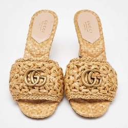 Pre Owned Gucci Beige Woven Raffia Double G Slide Sandals Size 37.5