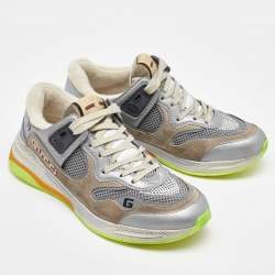 Gucci Silver/Brown Leather and Mesh Ultrapace Low Top Sneakers Size 37.5