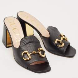 Gucci Black Leather Horsebit Slide Sandals Size 41