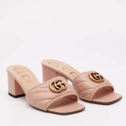 Pre Owned Gucci Peach Pink Quilted Leather GG Marmont Open Toe Slide Sandals Size 38.5