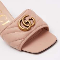 Pre Owned Gucci Peach Pink Quilted Leather GG Marmont Open Toe Slide Sandals Size 38.5