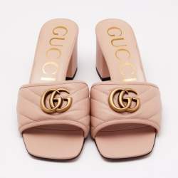 Pre Owned Gucci Peach Pink Quilted Leather GG Marmont Open Toe Slide Sandals Size 38.5
