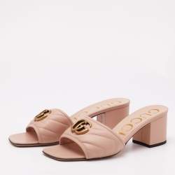 Pre Owned Gucci Peach Pink Quilted Leather GG Marmont Open Toe Slide Sandals Size 38.5