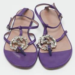 Gucci Purple Satin Crystal Embellished Interlocking G Thong Flat Sandals Size 36