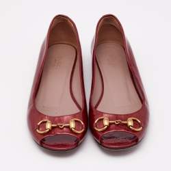 Gucci Red Microguccissima Patent Leather Jolene Peep Toe Ballet Flats Size 38