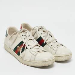 Gucci White Leather Bee Embroidered Ace Web Low Top Sneakers Size 37