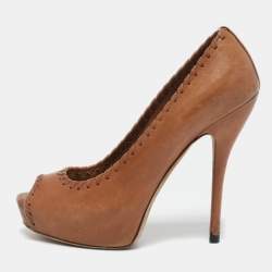 Gucci Brown Leather Whipstitch Detail Platform Pumps Size 35.5