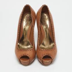 Gucci Brown Leather Whipstitch Detail Platform Pumps Size 35.5