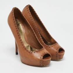 Gucci Brown Leather Whipstitch Detail Platform Pumps Size 35.5