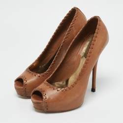 Gucci Brown Leather Whipstitch Detail Platform Pumps Size 35.5