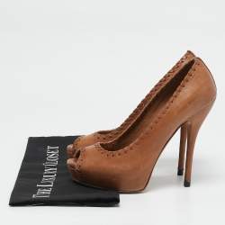 Gucci Brown Leather Whipstitch Detail Platform Pumps Size 35.5