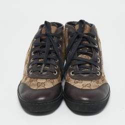Gucci Brown/Beige GG Canvas and Leather Lace Up High Top Sneakers Size 35
