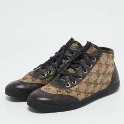 Gucci Brown/Beige GG Canvas and Leather Lace Up High Top Sneakers Size 35
