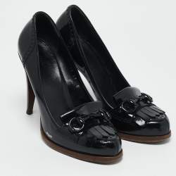 Gucci Black Patent Leather Horsebit Fringe Pumps Size 37
