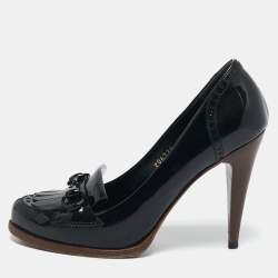 Gucci Black Patent Leather Horsebit Fringe Pumps Size 37