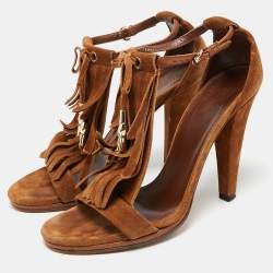 Gucci Brown Suede Fringe Bow Slingback Sandals Size 36