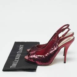 Gucci Burgundy Sequins Slingback Peep Toe Pumps Size 37.5