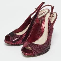 Gucci Burgundy Sequins Slingback Peep Toe Pumps Size 37.5