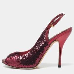 Gucci Burgundy Sequins Slingback Peep Toe Pumps Size 37.5