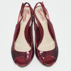 Gucci Burgundy Sequins Slingback Peep Toe Pumps Size 37.5