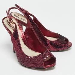 Gucci Burgundy Sequins Slingback Peep Toe Pumps Size 37.5