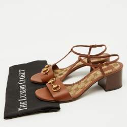 Gucci Brown Leather Horsebit Detail T-Strap Sandals Size 39