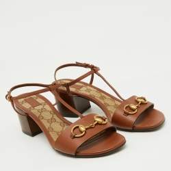 Gucci Brown Leather Horsebit Detail T-Strap Sandals Size 39