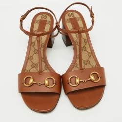 Gucci Brown Leather Horsebit Detail T-Strap Sandals Size 39