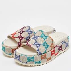 Gucci Multicolor Linen Psychedelic Mini GG Monogram Angelina Platform Slide Sandals Size 39