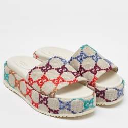 Gucci Multicolor Linen Psychedelic Mini GG Monogram Angelina Platform Slide Sandals Size 39