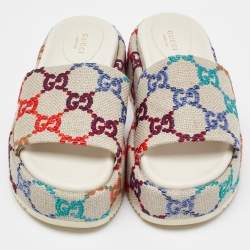 Gucci Multicolor Linen Psychedelic Mini GG Monogram Angelina Platform Slide Sandals Size 39