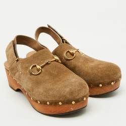 Gucci Brown Suede Horsebit Amstel Slingback Clogs Size 38.5