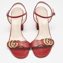 مملوكة مسبقًا Gucci Red Leather GG Marmont Ankle Strap Sandals Size 38