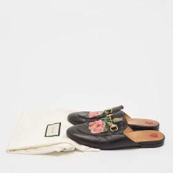 Gucci Black Leather Floral Embroidered Princetown Mules Size 38.5