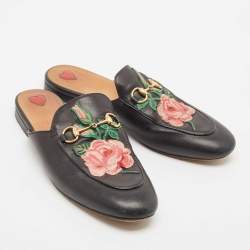 Gucci Black Leather Floral Embroidered Princetown Mules Size 38.5