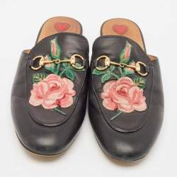 Gucci Black Leather Floral Embroidered Princetown Mules Size 38.5