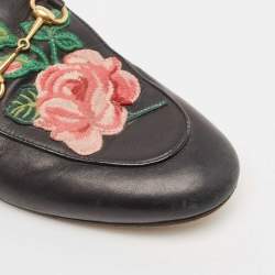 Gucci Black Leather Floral Embroidered Princetown Mules Size 38.5