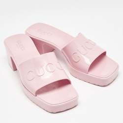 Gucci Pink Rubber Embossed Logo Slide Sandals Size 40