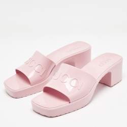 Gucci Pink Rubber Embossed Logo Slide Sandals Size 40